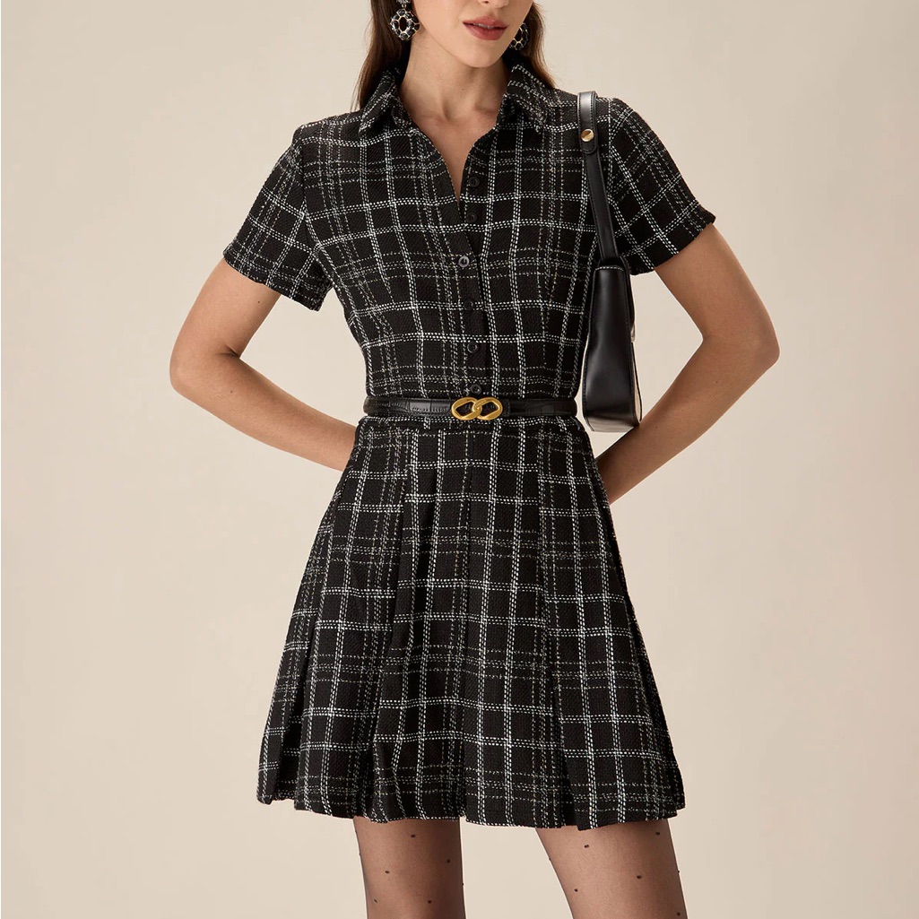 Rihoas Black And White Plaid Mini Dress